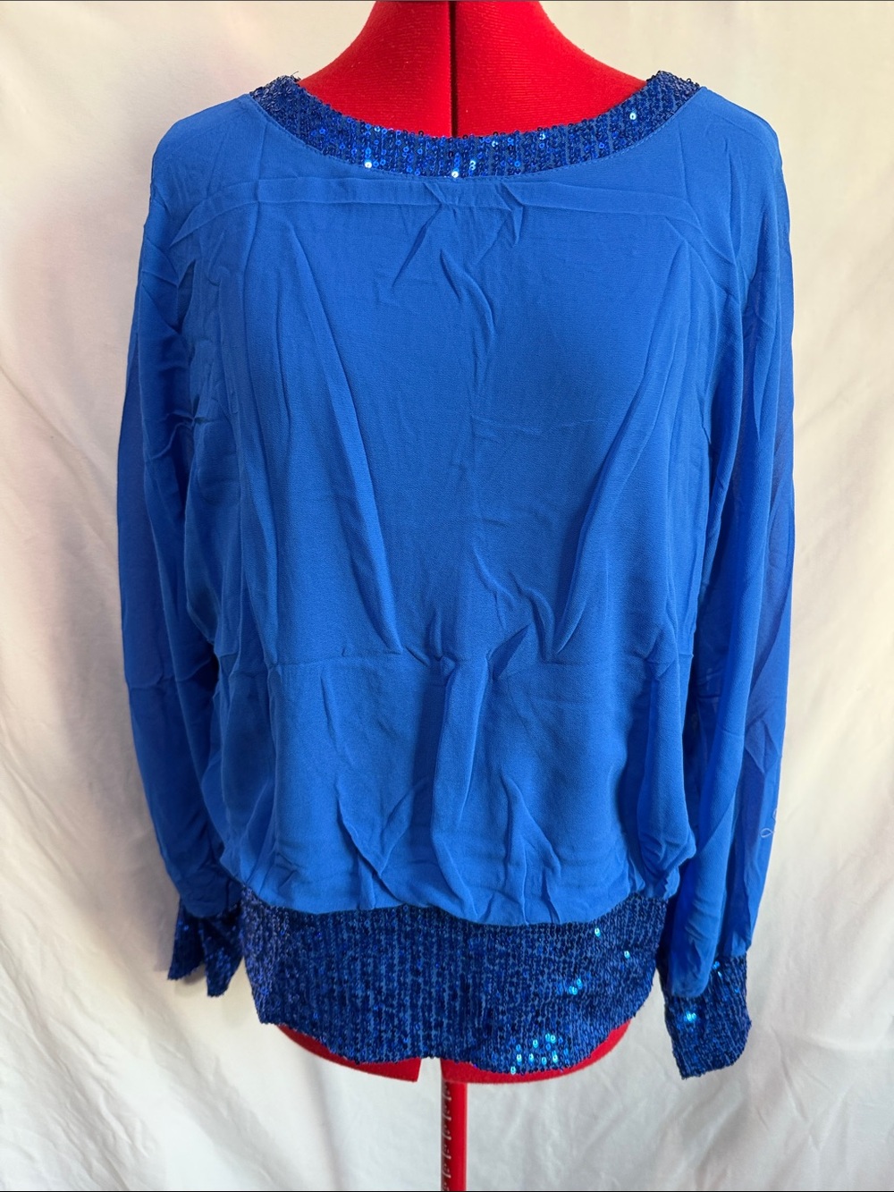 Royal Blue Sequin-Trim Long Sleeve Women's Top